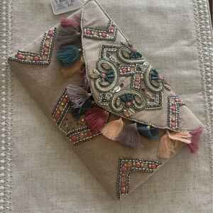 Boho Beaded Envelope Clutch w/ Tassels Pink Teal Neutral Evening Bag